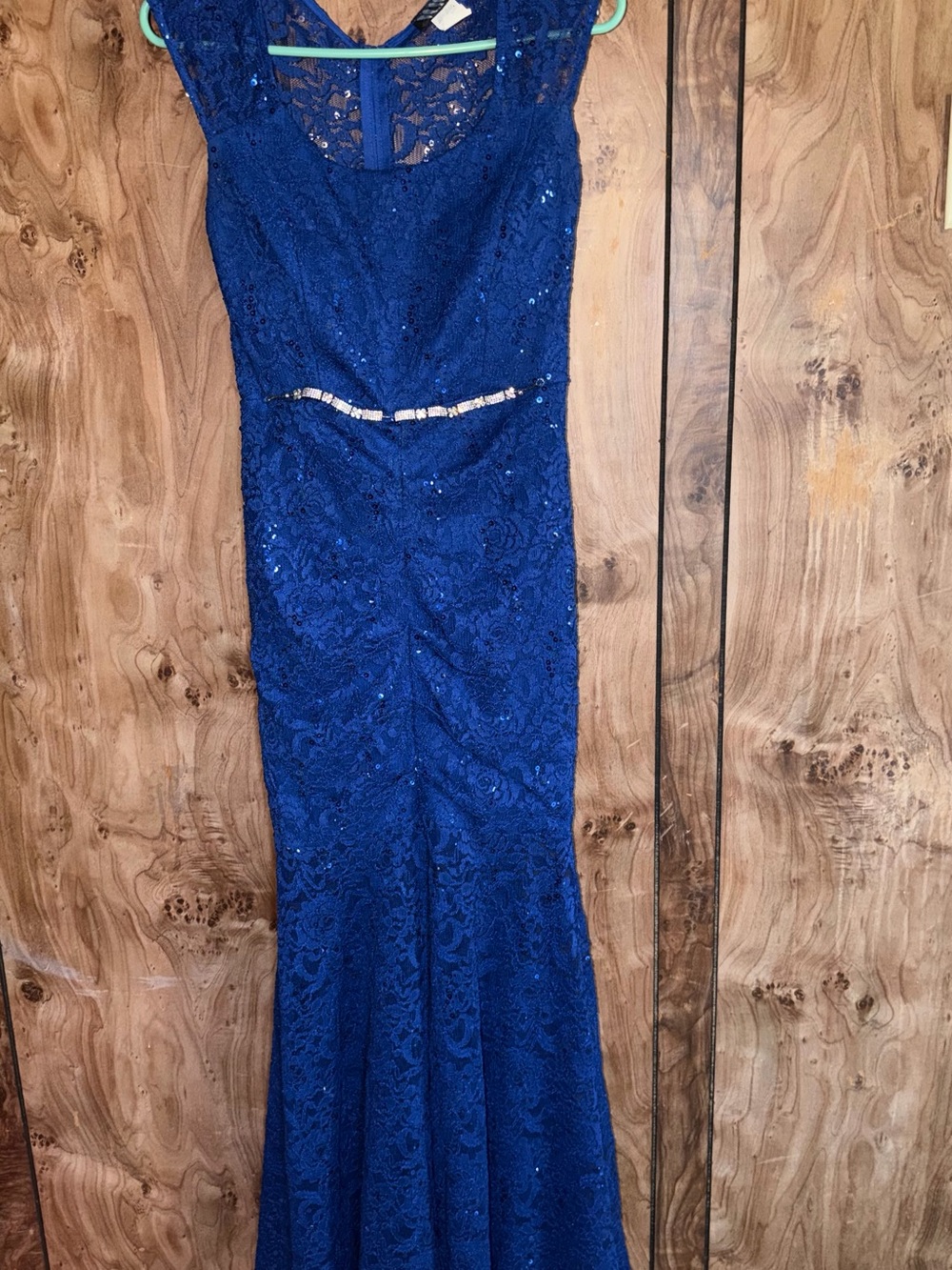 Elegant Blue Lace Evening Gown - Sleeveless Sequin Detail
